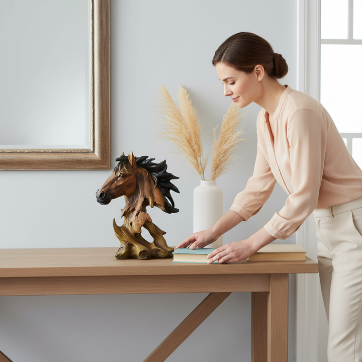 11" Antiqued Bronze And Black Polyresin Horse Tabletop Sculpture