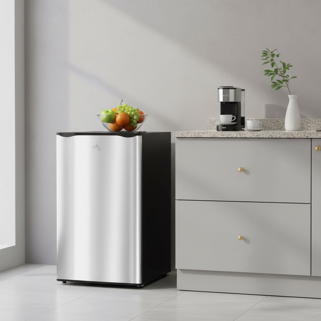 HOMCOM 3.2 Cu.Ft Mini Fridge Freezer, Single Door with Adjustable Thermostat, Reversible Door for Dorm, Silver