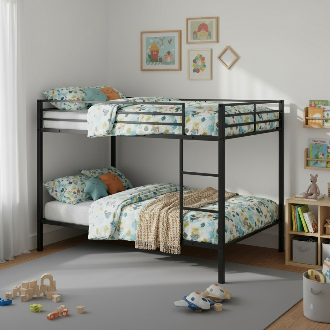 Full Over Full Bunk Bed – Heavy Duty Metal Frame with Safety Guard Rail & Ladder | Low Metal Bunk Bed Frame for Kids, No Boxspring Required, For Small Spaces, Black | Trufairs