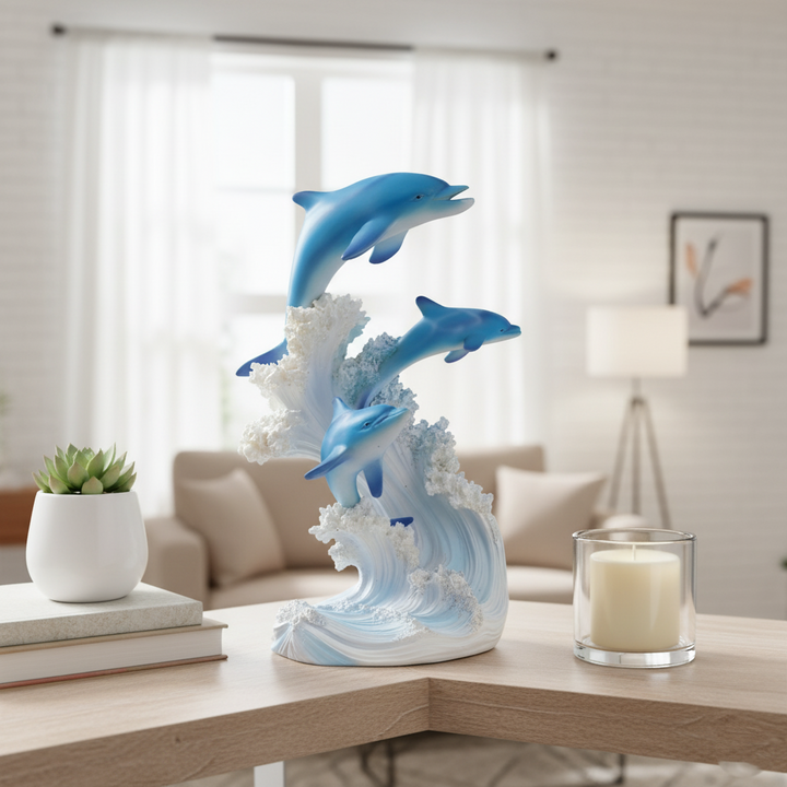 8"H Dolphins Swimming in The Waves Figurine – Premium Resin Dolphin Statue, Beautiful Marine Theme Collectible | Coastal Home Decor Gift | Trufairs