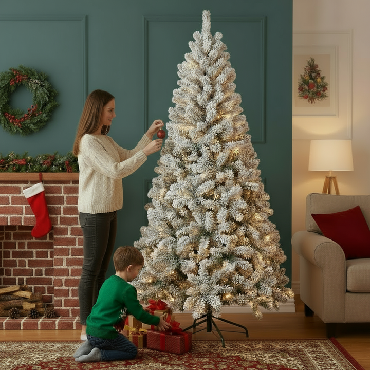 6ft PVC Round Head Flocking Tree Pre-lit Design Small Celebrate Festival Artificial Flocked Christmas Tree With UL Lights