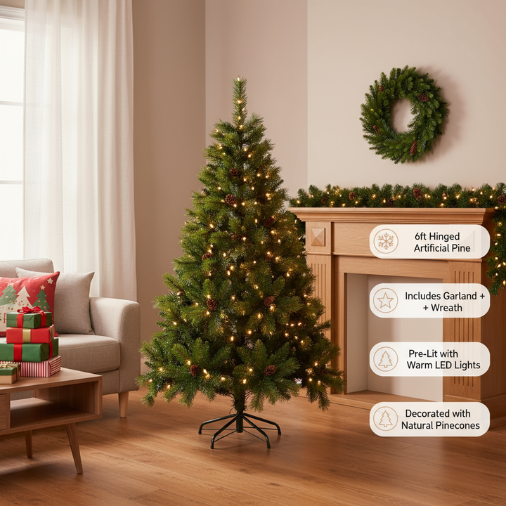 6FT Grass Green Christmas Tree, Large Branches Pine Tree, Pre-Lit Set with Tree & Garland & Wreath, Artificial Christmas with Pine Cones, Hinged Xmas Tree , for Holiday Party Ofiice Home