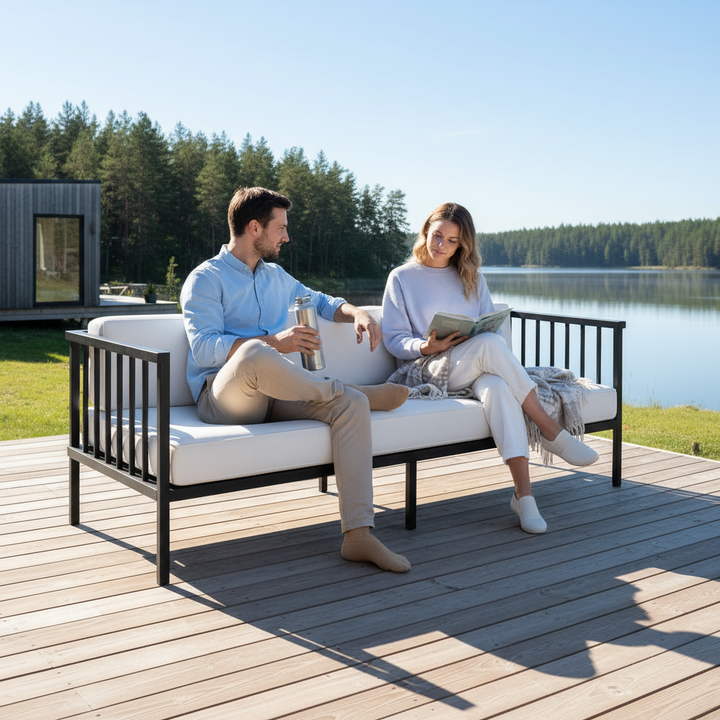 Modern Outdoor Iron Sofa Black - Norway 77"" Patio Furniture with Removable White Cushions & Commercial-Grade Durability