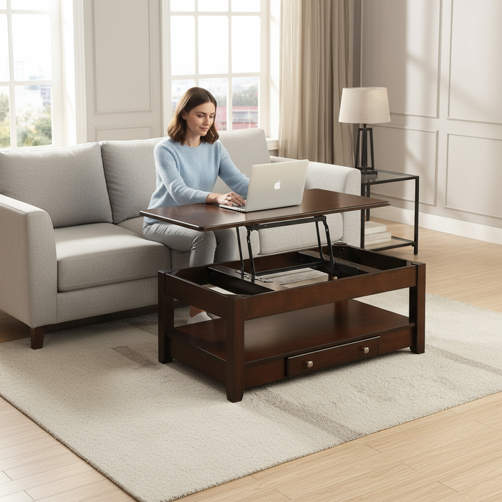 Ballwin Contemporary Lift-Top Cocktail Table – Dark Cherry Finish with Hidden Storage, Drawer, and Casters