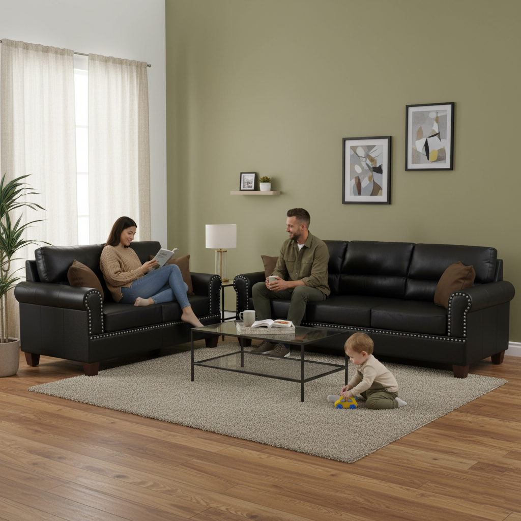 Black Bonded Leather 2-Piece Sofa & Loveseat Set – Modern Living Room Furniture | Trufairs