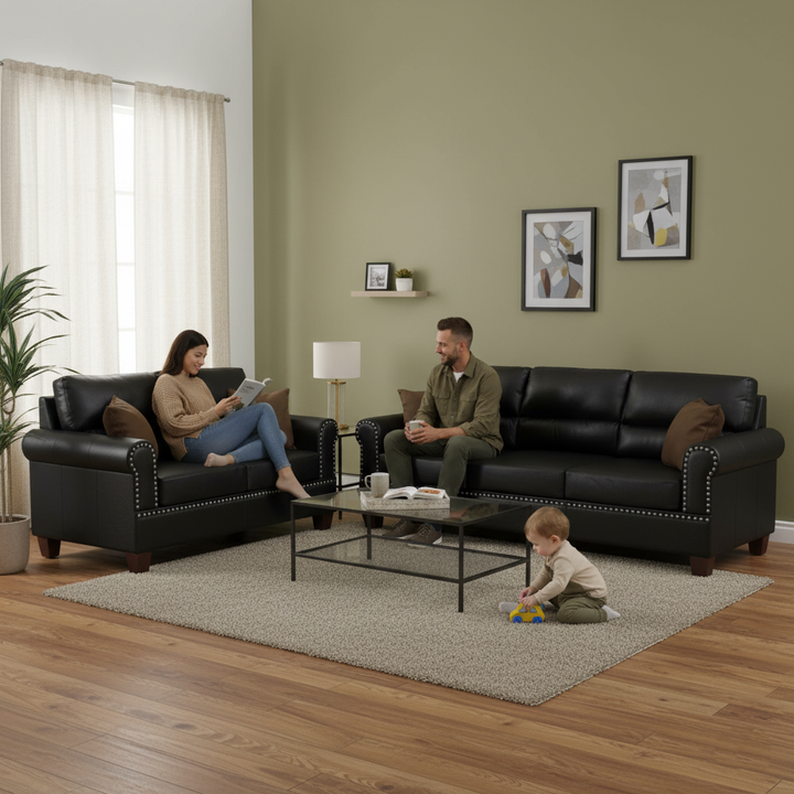 Black Bonded Leather 2-Piece Sofa & Loveseat Set – Modern Living Room Furniture | Trufairs