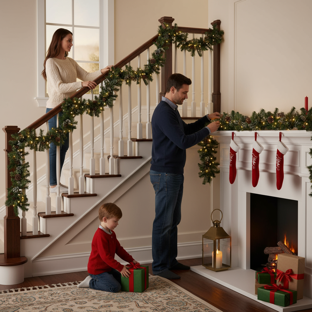 2 Set of 9 ft Cashmere and Snow Bristle Garland with 20 Pine Cones and with 50 Warm White LED Lights with Timer Battery Operated-Outdoor,160 Tips