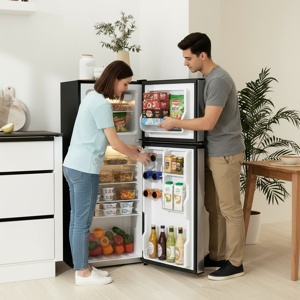 HOMCOM Small Fridge with Freezer, 4 Cu Ft Refrigerator with Reversible Doors, Silver