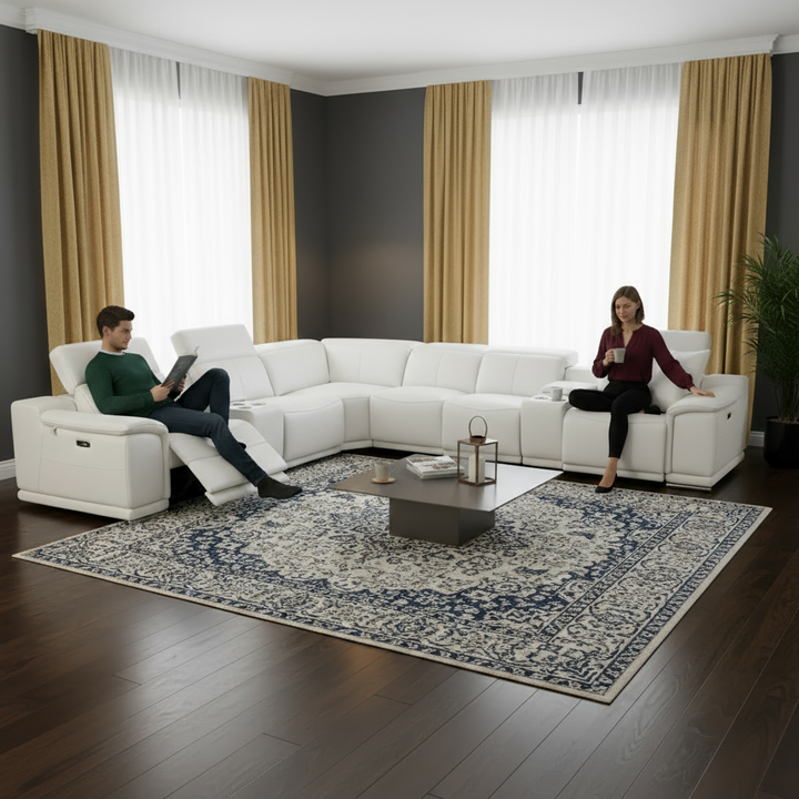 White Italian Leather Power Reclining U Shaped Eight Piece Corner Sectional With Console