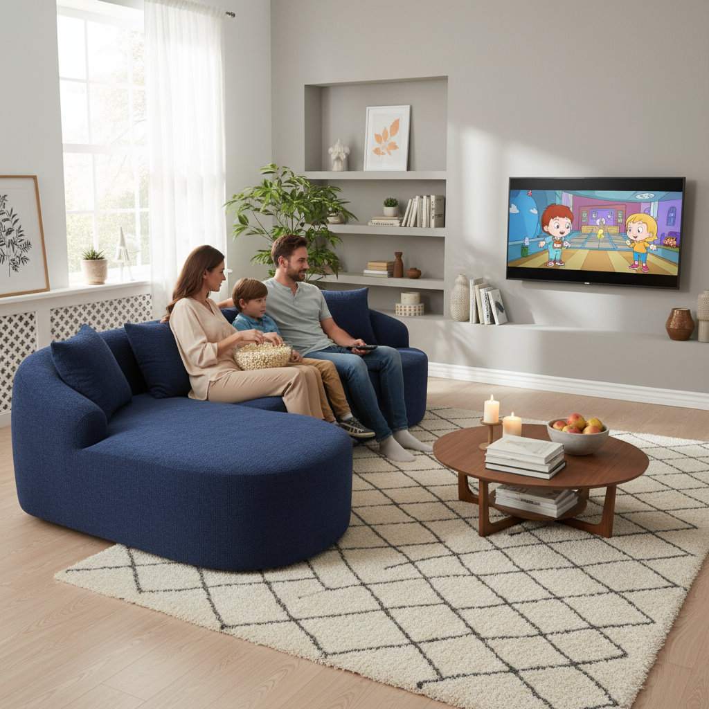 Compression Sponge L-Shape Sectional Sofa with Curved Chaise, Blue Modular Chenille Couch No Assembly Required, 30D High-Density for Living Room Bedroom Apartment Lounge.
