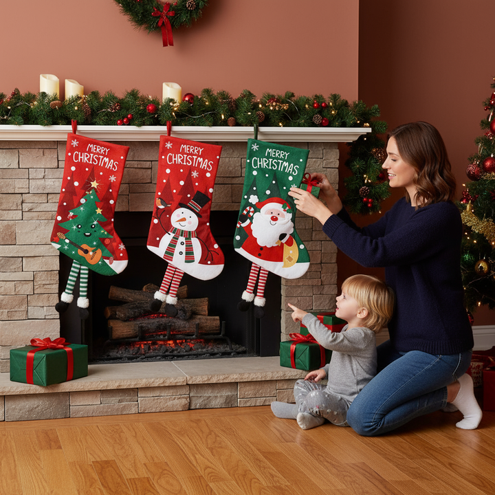 Christmas Stockings with Cute Legs with Classic Elk Snowman Santa Claus Elements for Holiday Christmas Party