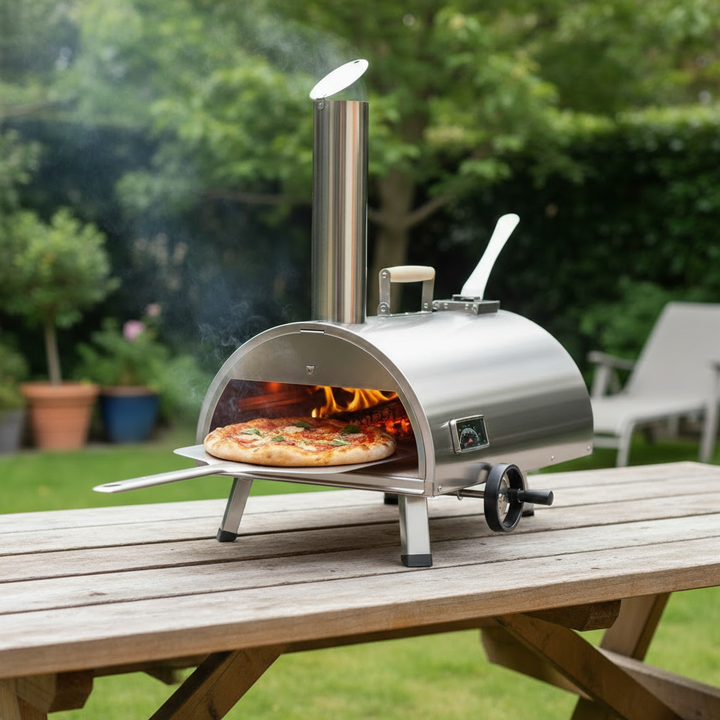 Silver Pizza Oven Outdoor 12" Semi-Automatic Rotatable Pizza Ovens Portable Stainless Steel Wood Fired Pizza Oven Pizza Maker with Built-in Thermometer Pizza Cutter Carry Bag