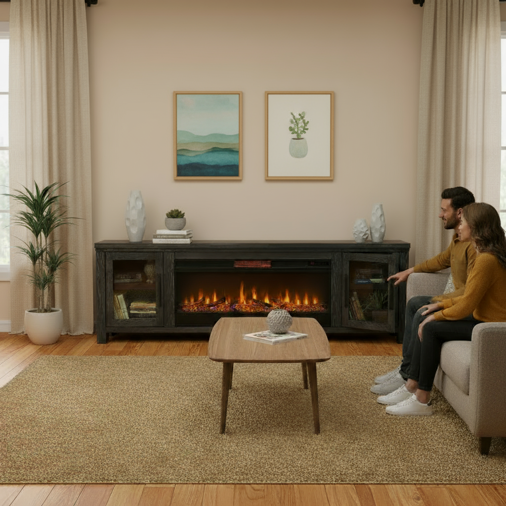 Bridgevine Home Tybee 86 inch Electric Fireplace TV Console for TVs up to 95 inches, Minimal Assembly, Clove finish