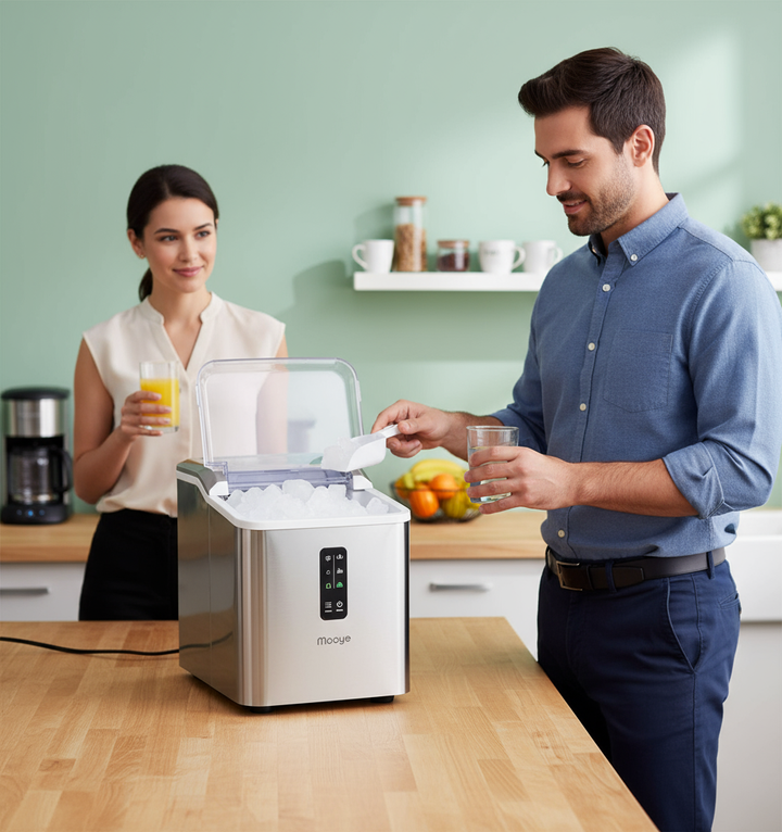 Countertop Ice Maker Machine, 26.5 lbs in 24Hrs, Electric ice Maker and Compact ice Machine with Ice Scoop and Basket, 2 Sizes of Bullet Ice for Home/Kitchen/Office