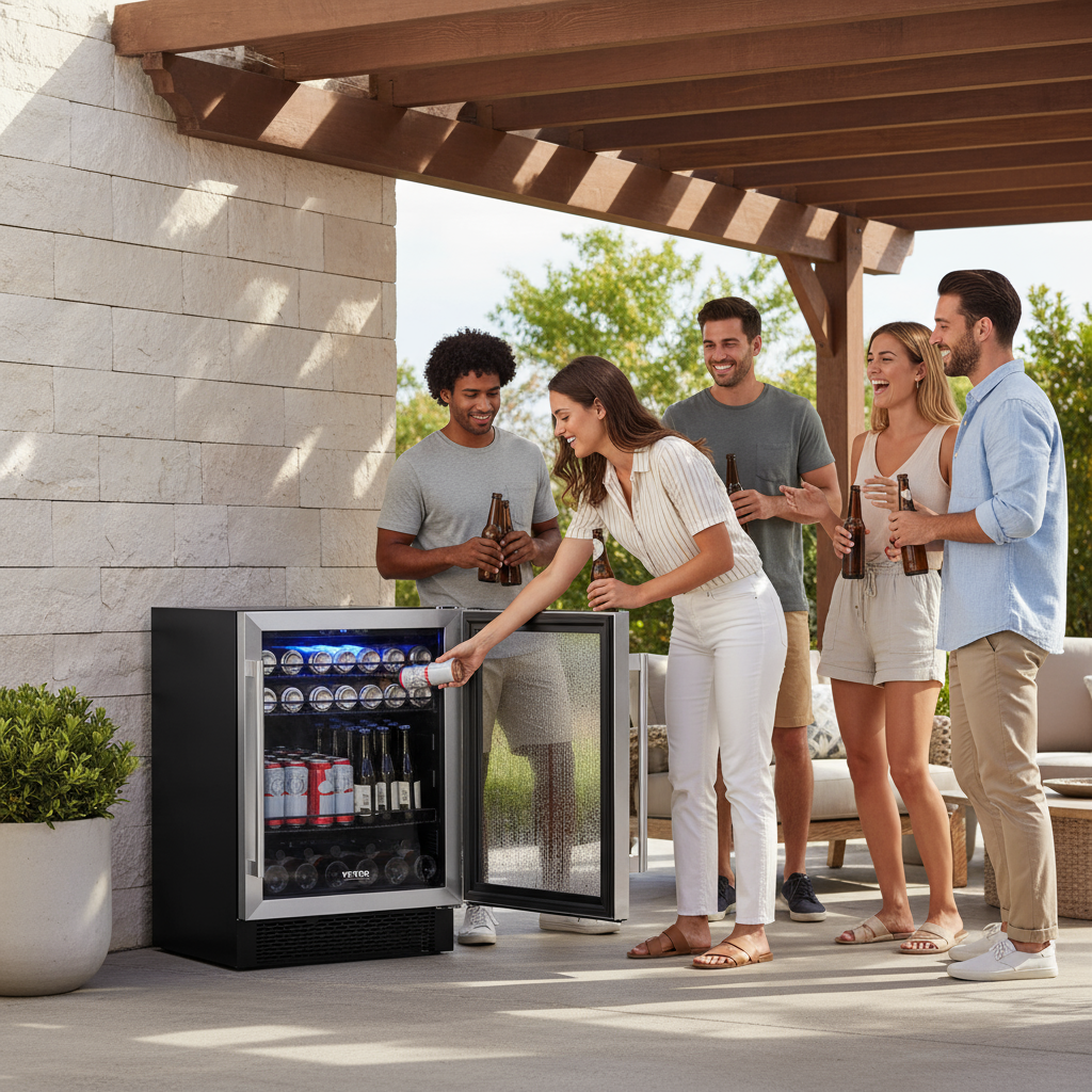 VEVOR 24" Beverage Refrigerator, 154 Cans Under Counter Built-in or Freestanding Beer Cooler Fridge, Blue LED Light, Child Lock, Adjustable Shelves, ETL