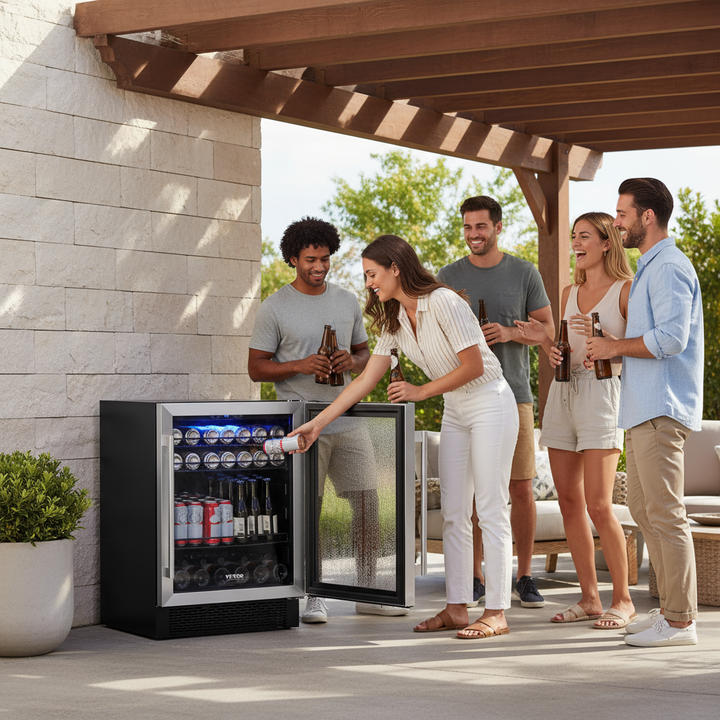 VEVOR 24" Beverage Refrigerator, 154 Cans Under Counter Built-in or Freestanding Beer Cooler Fridge, Blue LED Light, Child Lock, Adjustable Shelves, ETL