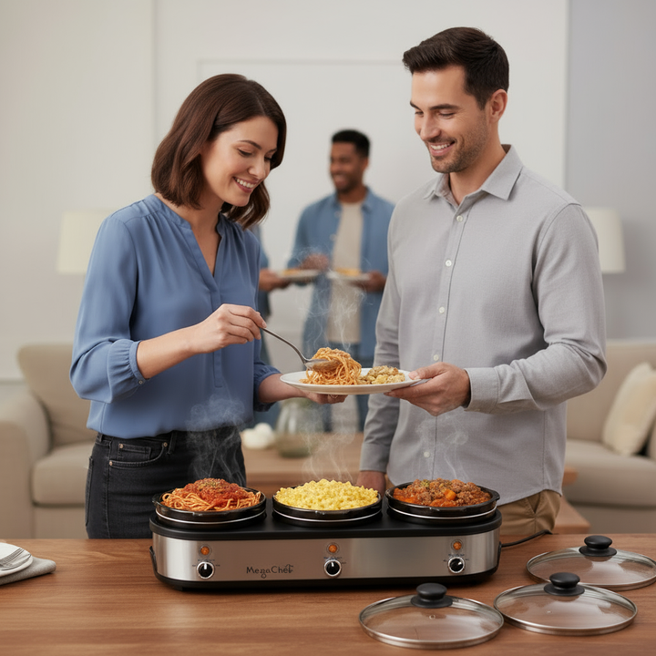 MegaChef Triple 2.5 Quart Slow Cooker and Buffet Server in Brushed Silver and Black Finish with 3 Ceramic Cooking Pots and Removable Lid Rests