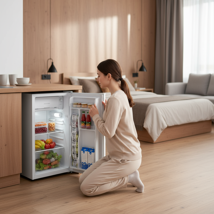 3.2 Cu.Ft Mini Fridge with Freezer, Single Door Compact Refrigerator with Adjustable Thermostat, Shelf and Reversible Door for Bedroom, Dorm, Home Office, Energy Efficient, White