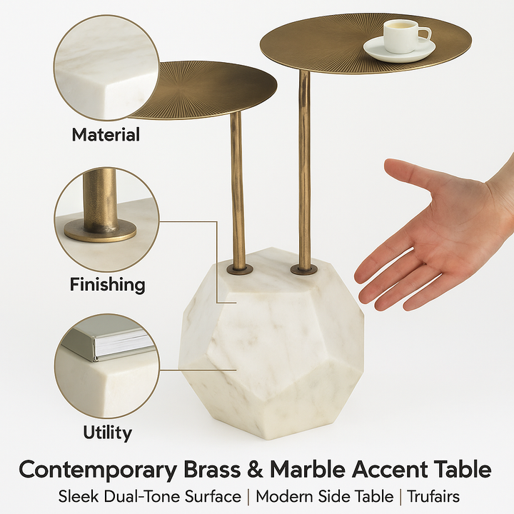 Marble Brass Accent Table – Contemporary White & Gold Statement | Side Table | Trufairs