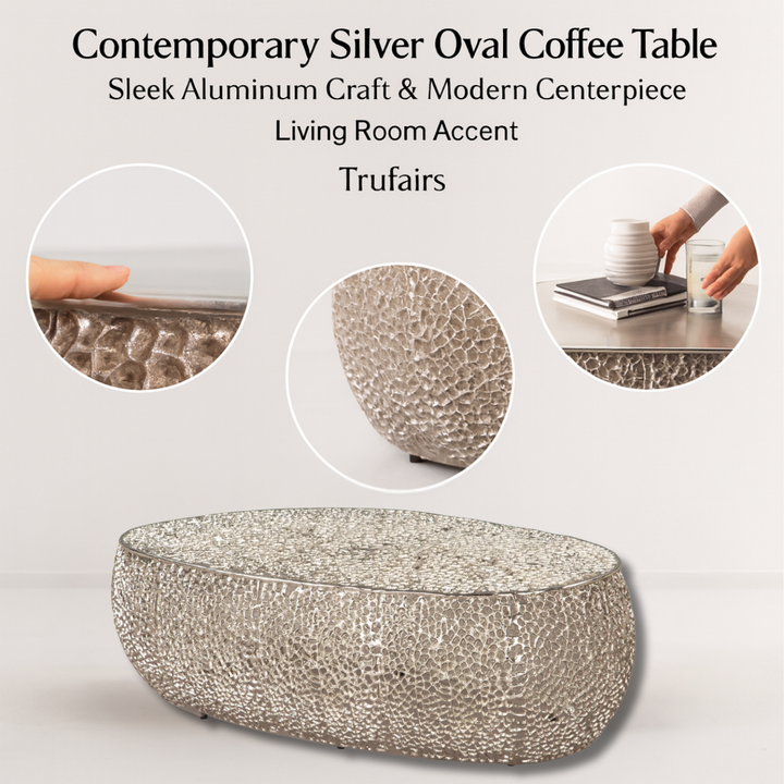 Sleek Silver Oval Coffee Table – Modern Metallic Centerpiece | Living Room Accent Table | Trufairs