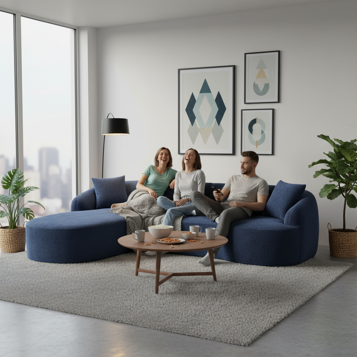 Compression Sponge L-Shape Sectional Sofa with Curved Chaise, Blue Modular Chenille Couch No Assembly Required, 30D High-Density for Living Room Bedroom Apartment Lounge.