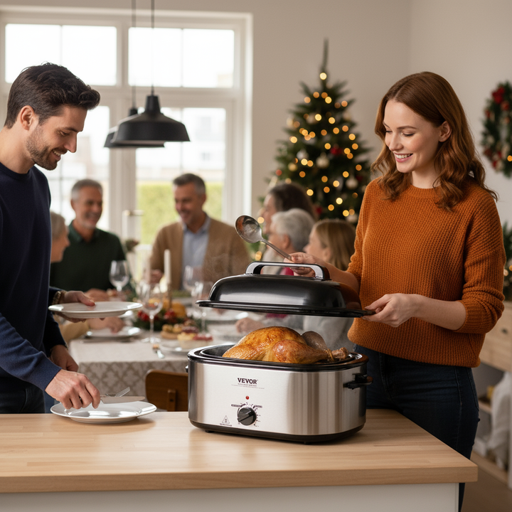 VEVOR Electric Roaster Oven, 24 QT Turkey Roaster Oven with Self-Basting Lid, 1450W Roaster Oven with Defrost & Warm Function, Adjustable Temp, Removable Pan & Rack, Fits Turkeys Up to 28LBS, Silver