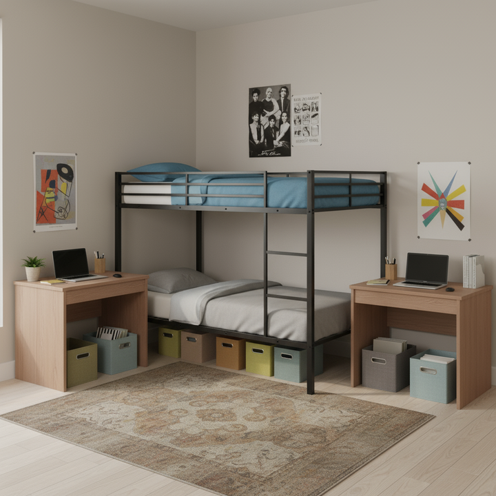 Full Over Full Bunk Bed – Heavy Duty Metal Frame with Safety Guard Rail & Ladder | Low Metal Bunk Bed Frame for Kids, No Boxspring Required, For Small Spaces, Black | Trufairs