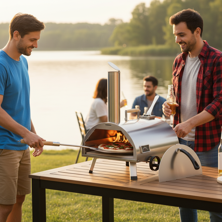 Silver Pizza Oven Outdoor 12" Semi-Automatic Rotatable Pizza Ovens Portable Stainless Steel Wood Fired Pizza Oven Pizza Maker with Built-in Thermometer Pizza Cutter Carry Bag