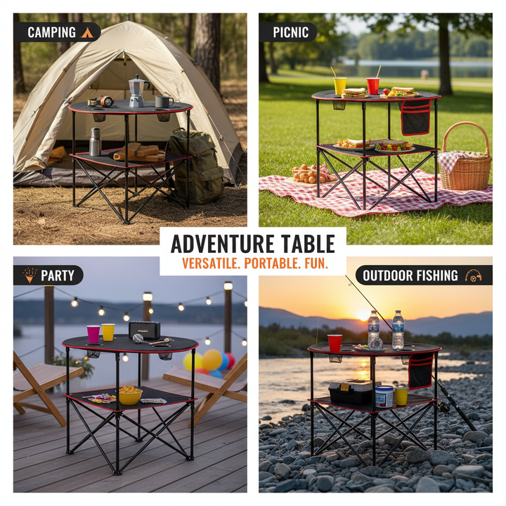 Folding Portable Camping Table Oxford Outdoor Picnic RoundTable 4 Cup Holders