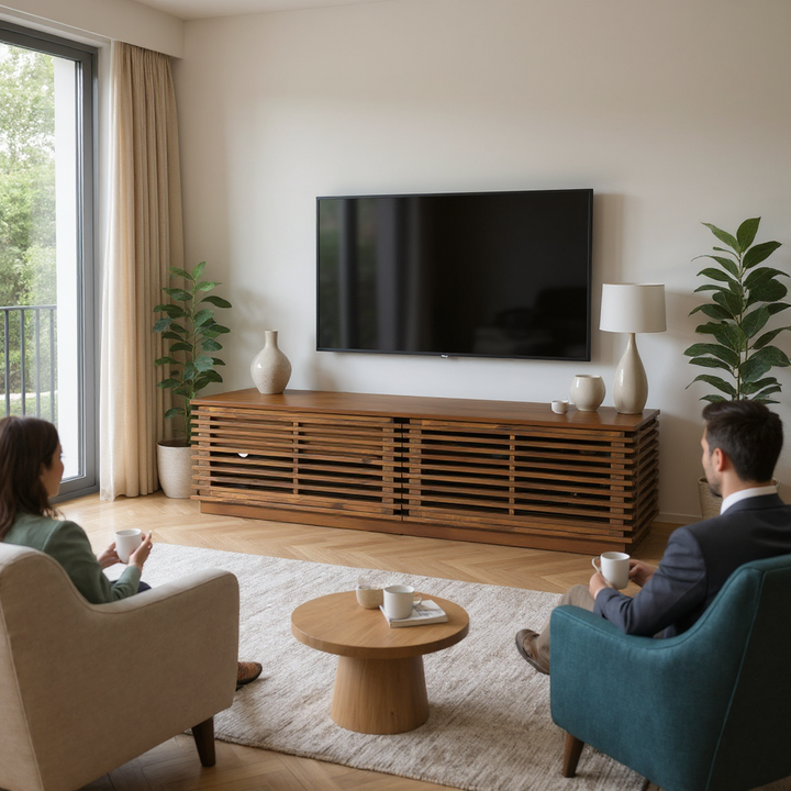 Linea Wide Entertainment Stand Walnut – Mid-Century Modern Storage | Media Console Table | Trufairs