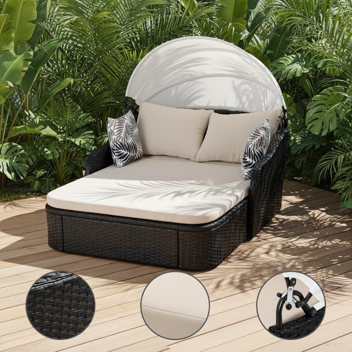Luxe 48" Black Rattan Patio Daybed with Adjustable Canopy & Toss Pillows  