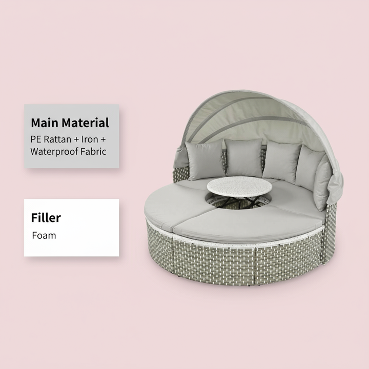 TOPMAX Patio Furniture Round Outdoor Sectional Sofa Set Rattan Daybed Two-Tone Weave Sunbed with Retractable Canopy, Separate Seating and Removable Cushion, Gray
