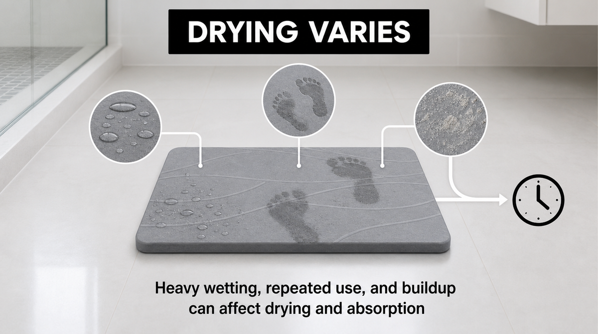 Water droplets, wet footprints, and surface buildup on a stone bath mat illustrate factors affecting drying and absorption