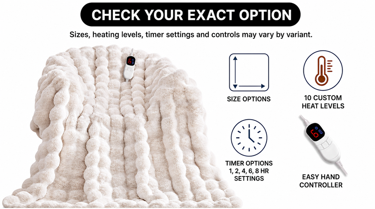 Example controller with 10 heat levels and 1, 2, 4, 6, or 8-hour timers; sizes and control options vary by blanket variant.