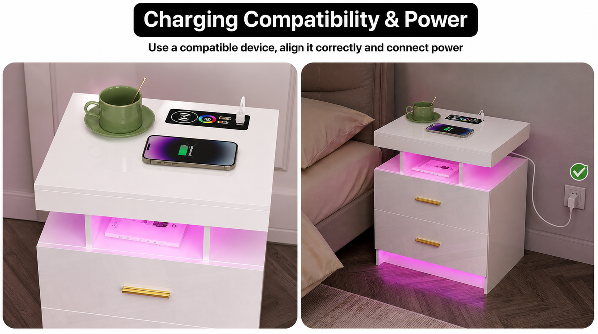 “Nightstand charging requires a compatible device, correct phone alignment, and a power connection; a wall outlet connection is shown.”
