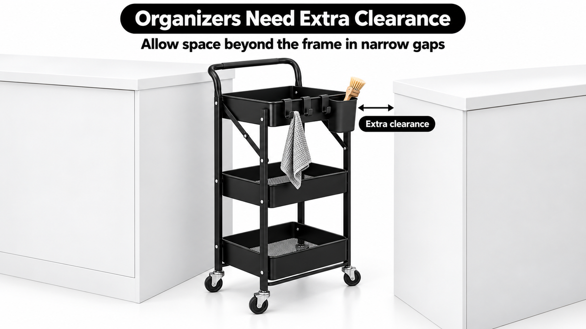 Cart between cabinets with an arrow marking extra clearance for the hanging cup extending beyond the frame