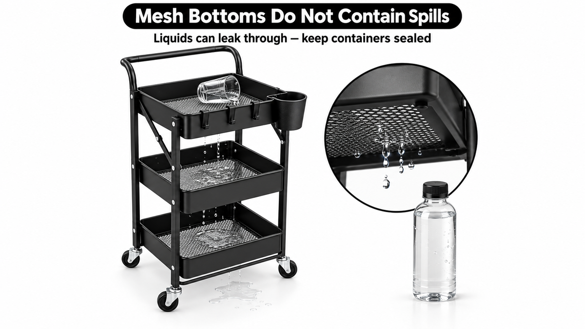 Water from a tipped glass drains through all three mesh baskets onto the floor; keep liquids in sealed containers.