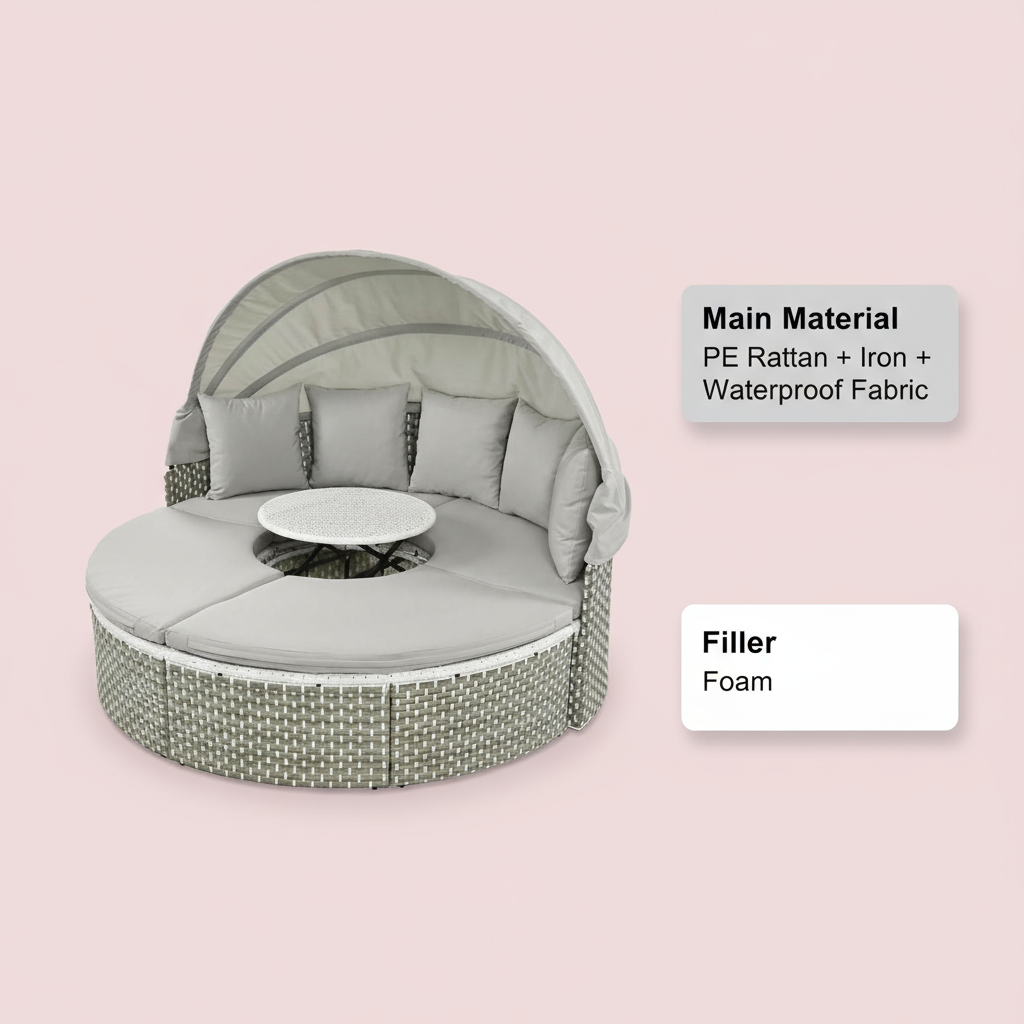 TOPMAX Patio Furniture Round Outdoor Sectional Sofa Set Rattan Daybed Two-Tone Weave Sunbed with Retractable Canopy, Separate Seating and Removable Cushion, Gray