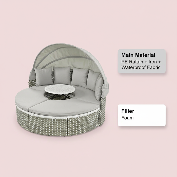 TOPMAX Patio Furniture Round Outdoor Sectional Sofa Set Rattan Daybed Two-Tone Weave Sunbed with Retractable Canopy, Separate Seating and Removable Cushion, Gray