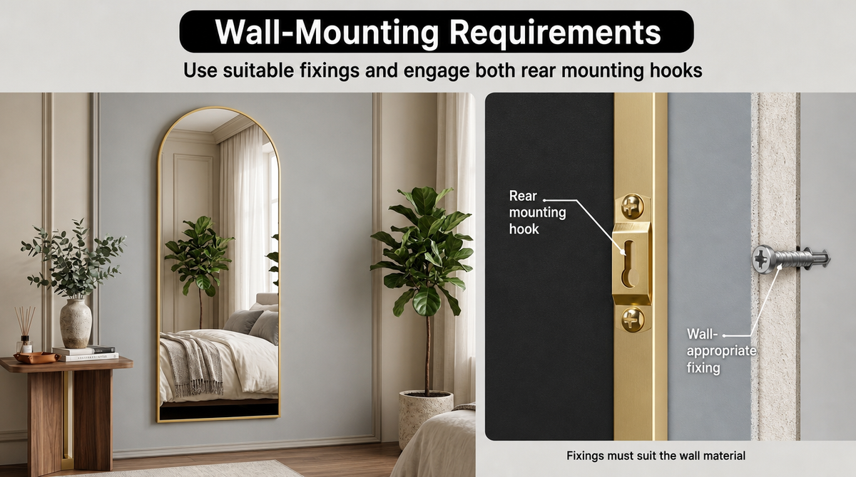 “Rear mounting hook and wall fixing close-up; engage both hooks and use fixings suited to the wall material.”
