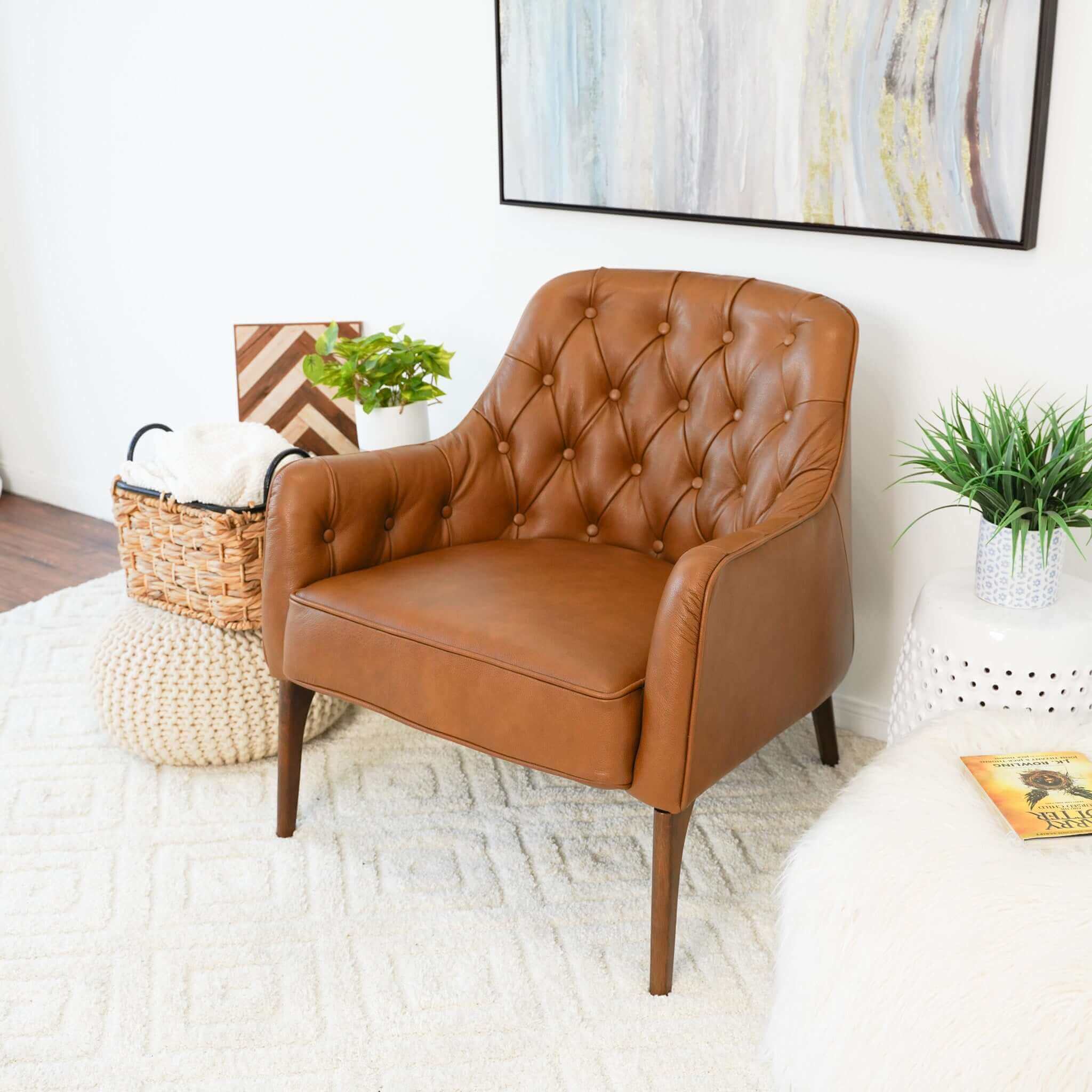 Joshua Tufted Tan Leather Lounge Chair