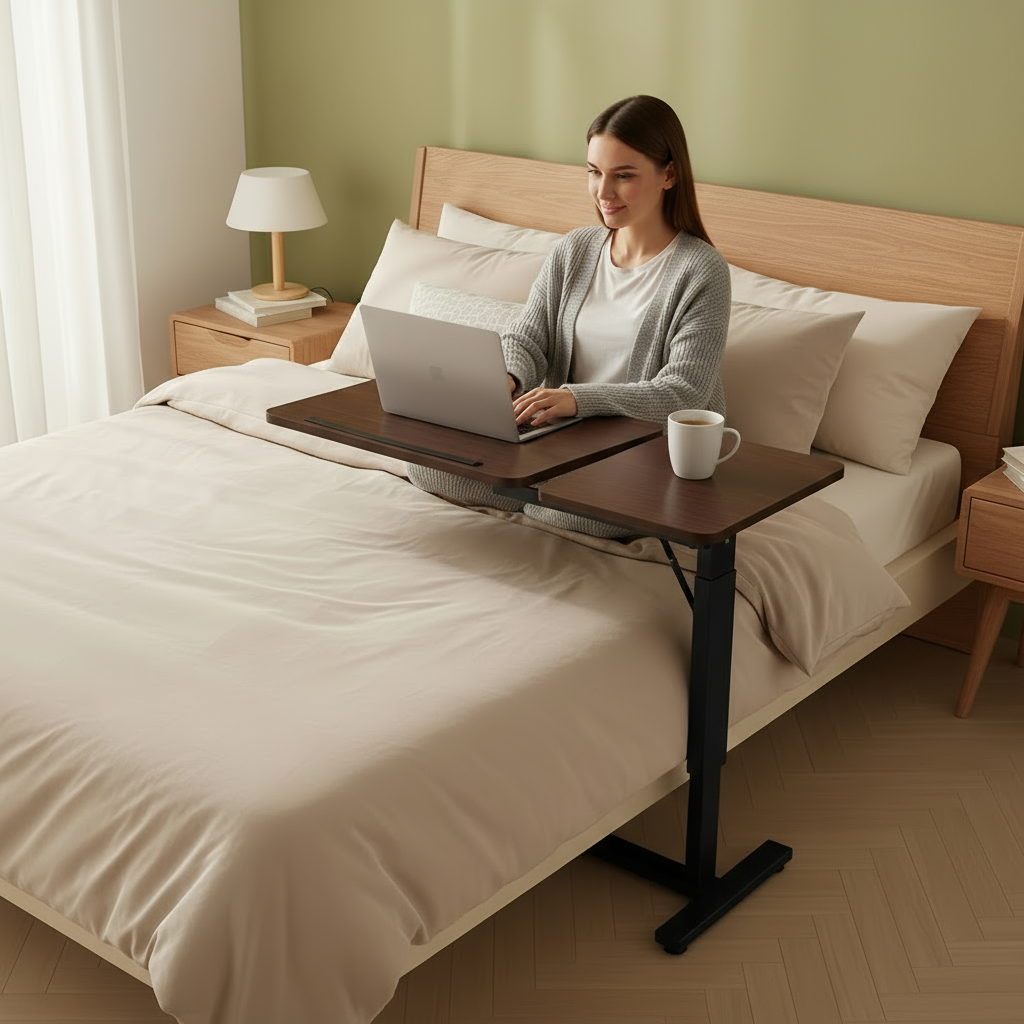 Adjustable Overbed Laptop Table – Height Adjustable Rolling Bedside Desk with Tilting Top | Trufairs