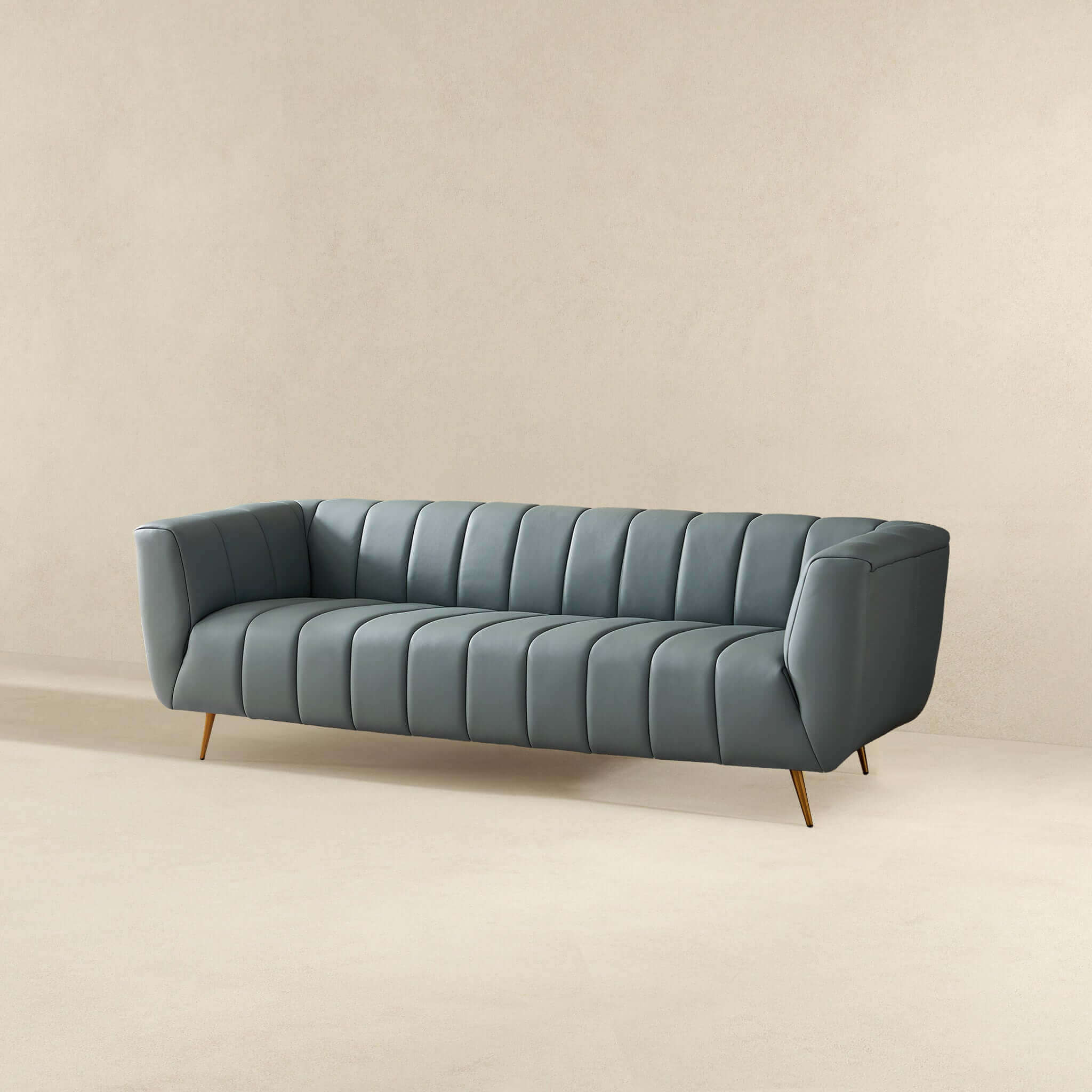 LaMattina Genuine Italian Blue Leather Channel Tufted Sofa