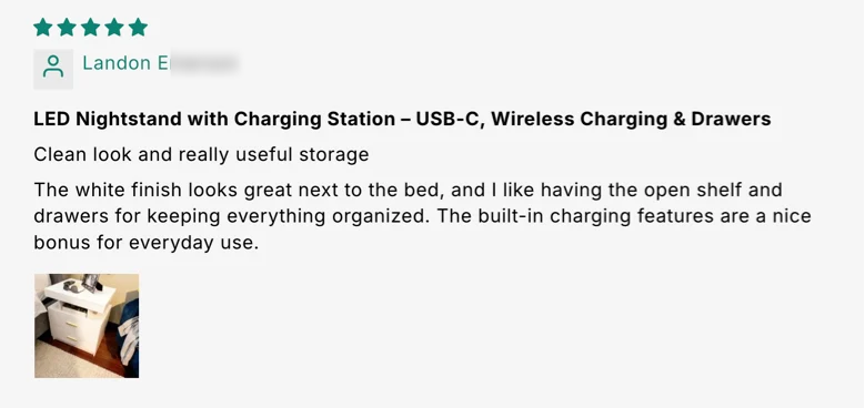 LED Nightstand With Charging Station – USB-C, Wireless Charging & Drawers customer review screenshot 1