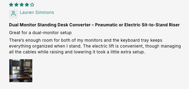 Dual Monitor Standing Desk Converter – Pneumatic or Electric Sit-to-Stand Riser customer review screenshot 3