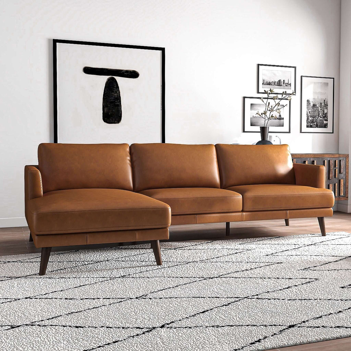 Lore L-Shaped Genuine Leather Sectional In Tan Left Facing