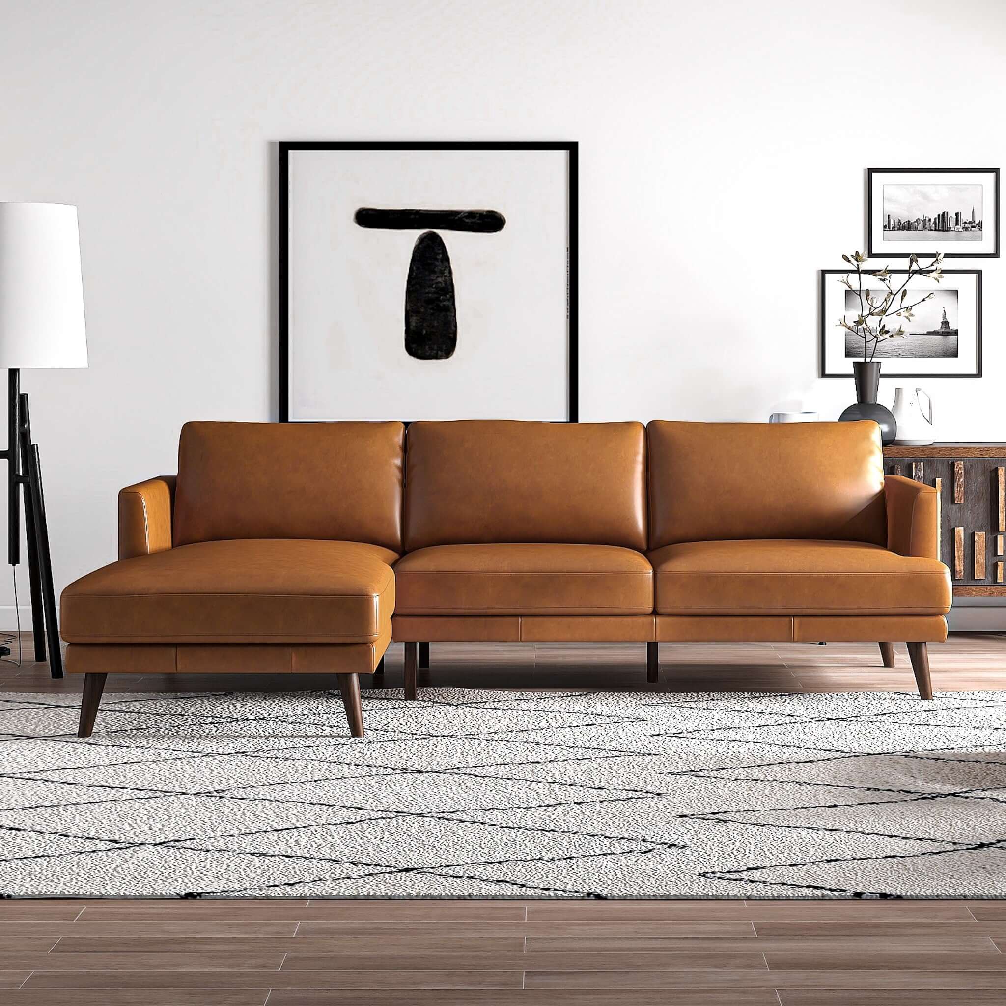 Lore L-Shaped Genuine Leather Sectional In Tan Left Facing