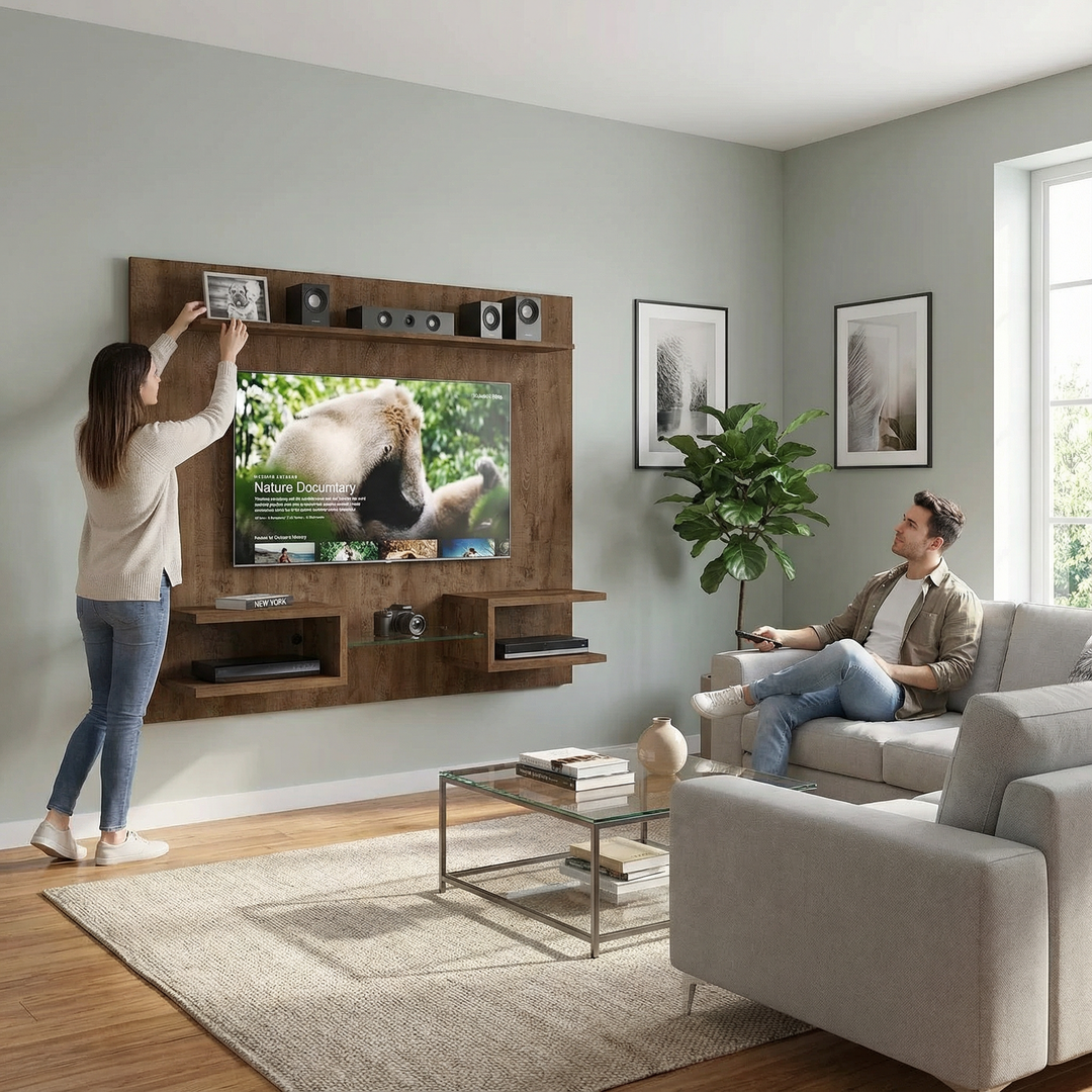 Manhattan Comfort Plaza 64.25 Modern Floating Wall Entertainment Center with Display Shelves in Rustic Brown