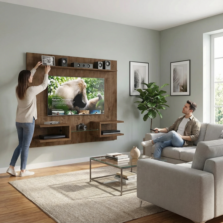 Manhattan Comfort Plaza 64.25 Modern Floating Wall Entertainment Center with Display Shelves in Rustic Brown