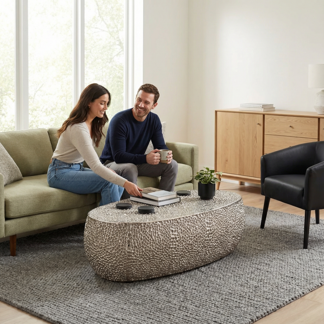 Sleek Silver Oval Coffee Table – Modern Metallic Centerpiece | Living Room Accent Table | Trufairs